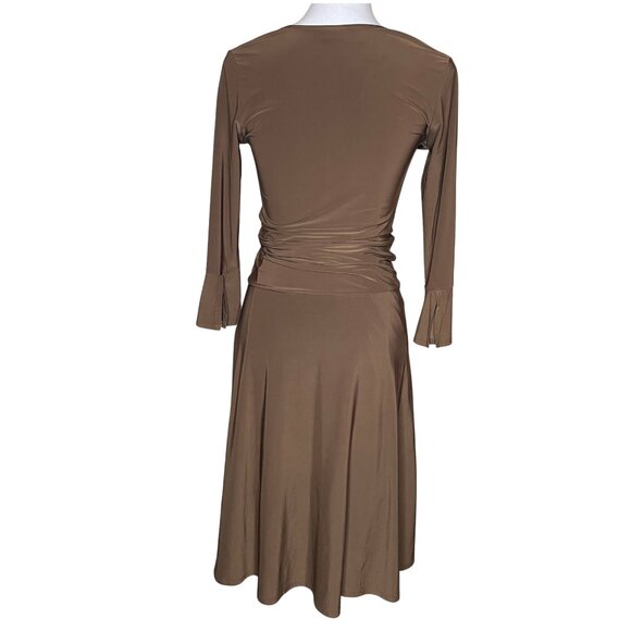 Modbe Chocolate Brown Surplice Wrap Dress Bell Sleeve Ruched Waist Stretchy Midi - Picture 3 of 12